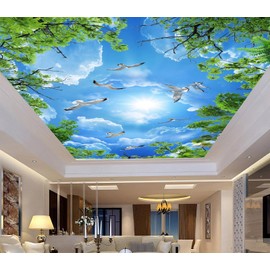 Eierme Sky Seagull Green Tree Ceiling 3D Wall Mural Wallpaper 137" x 100"