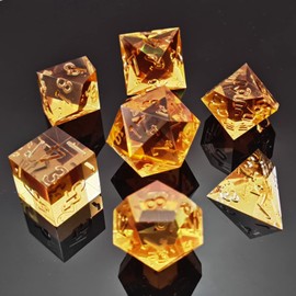 Bescon Crystal Clear (Unpainted) Sharp Edge DND Dice Set of 7, Razor Edged Polyhedral D&D Dice Set for Dungeons and Dragons Role Playing Games, Amber Colour