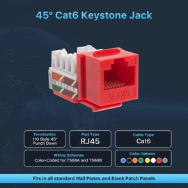 SATMAXIMUM 50 Pack Cat6 Keystone Ethernet Wall Jacks RJ45 Punch Down Slim Profile UTP Red, 45 Degree for Patch Panel & Wall Plate, Supports Up to 10Gbps