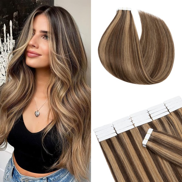 SEGO Tape-In Real Hair Extensions, Straight, 50 g/20 Wefts, 45 cm / 18 Inch Hairpiece, Skin Weft, 100% Remy Human Hair, Medium Brown/Honey Blonde #4p27, 45 cm (Pack of 20)