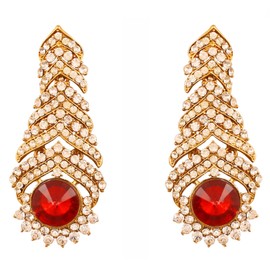 Touchstone Indian Bollywood Rhinestone / faux red ruby designer jewelry chandelier earrings for women in antique gold tone