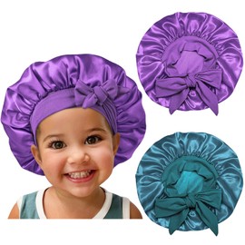 Gorro de pelo de seda satinada: gorros para niños con banda elástica de corbata, correas ajustables para dormir y dormir cómodo, banda elástica para el cabello que no se desliza (morado + verde azulado), púrpura, cerceta (Purple+Teal), Large