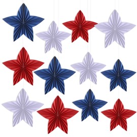 Feifeiya 18 Pcs 4th of July Paper Fans, Assorted Sizes Patriotic Star Hanging Pom Poms Decorations, Red White Blue Hanging Star Fans Pom Poms for Independence Day Memorial Day Veterans Day Party Decor