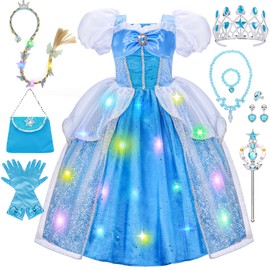 Meland Princess Dress Up for Girls, Light Up Princess Costume with Braid & Carry Bag, Gift for Toddler Kids Age 3-10