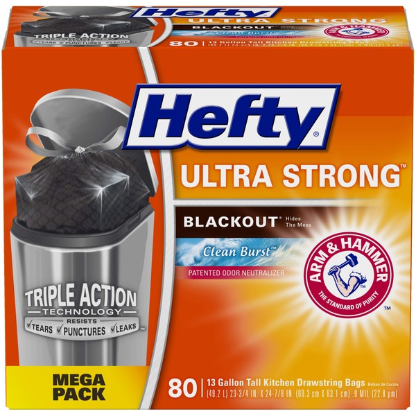 Hefty Ultra Strong Tall Kitchen Trash Bags, Blackout, Clean Burst,