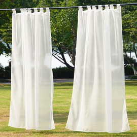 NICETOWN Outdoor Curtain for Patio Waterproof Extra Long 120" L, Self Sticky Tab Top Voile Sheer Drape Airy Panel for Easy Hanging with Rope Tie Back for Cabana/Arbor, 1 Pack, 54" Wide, Beige
