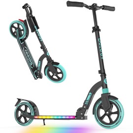 BELEEV Big Wheel Scooter for Kids Ages 6+ with Light-Up Deck, 2 Wheel Folding Kick Scooter for Adults Teens, 5 Adjustable Height, Lightweight Sport Commuter Scooter, Max Load 220 lbs (Black Aqua)
