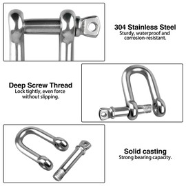 4PCS M8 D Shackle Heavy Duty, Screw Pin Shackle M8 5/16", 304 Stainless Steel D Ring Shackle Lock for Marine Mounting, Camping, Sports, Hiking Accessories and Rope Chain Link