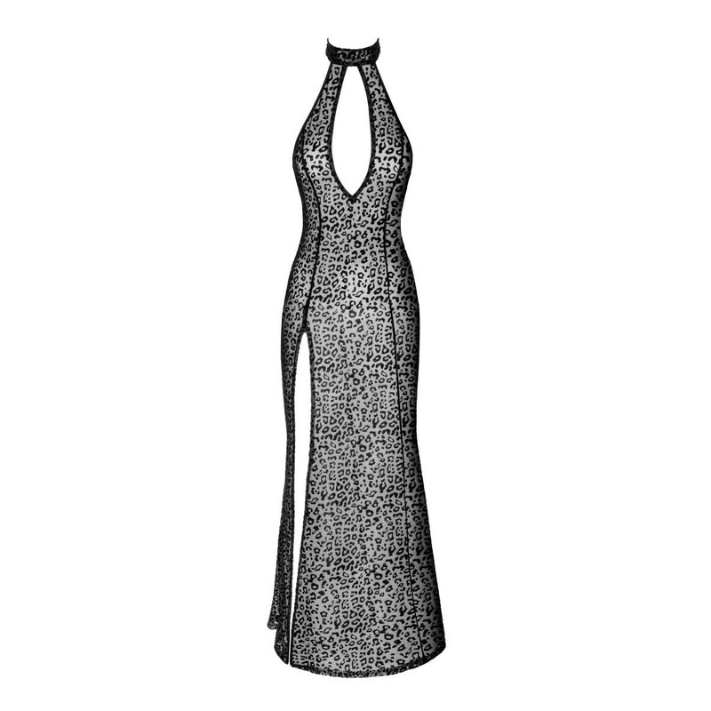 Noir Handmade F288 Leopard Print Slit Long Flock Dress, black