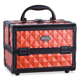 Mini Makeup Train Case 9.5" Aluminum Professional Cosmetic Organizer Box with Mirror (Black Diamond)