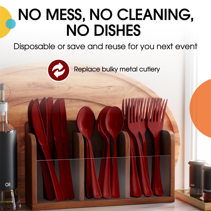 Party Solids Burgundy Plastic Silverware Heavy Duty 150 Pieces Burgundy