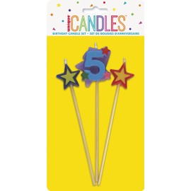 Unique Party 34045 - Number 5 Star Birthday Candles Set of 3, Multicolor, 18 centimeters