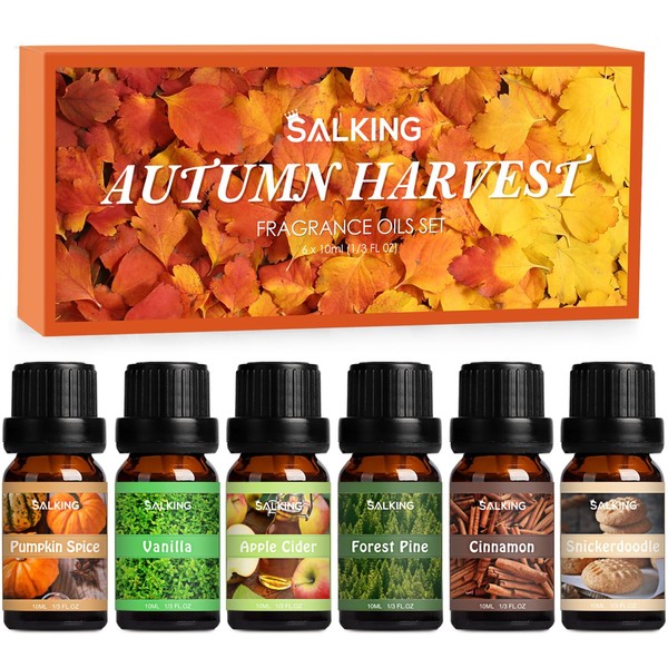 SALKING Autumn Fragrance Oils, Premium Fall Essential Oils for Diffuser, Scented Oils Gift Set for Soap Candle Making Scents - Cinnamon, Pumpkin Spice, Apple Cider, Vanilla, Forest Pine, Snickerdoodle