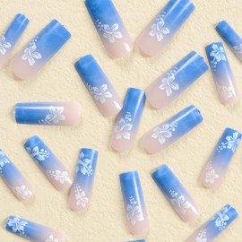 Press on Nails Coffin Long French 24Pcs Glossy Full Cover Acrylic Square Blue False Nails with White Floral Designs Artificial Ballerina Fake Nails with Glue Stick on Fingernails for Women Girls