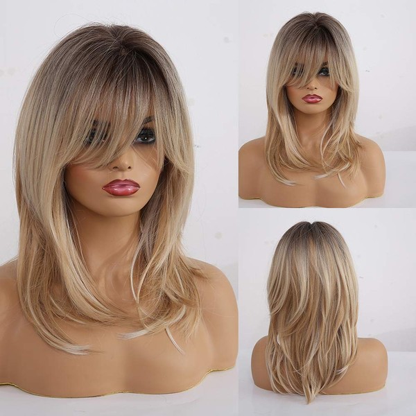 Alanhair Ombre Blonde Wigs for Women,HAIRCUBE Shoulder-Length wig with Bangs Dark Roots to Blonde Synthetic Hair Layered Wigs Heat Resistant Fibre for Daily Party Use