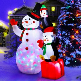 AerWo 6ft Christmas Inflatables Outdoor Christmas Decorations, Cute Inflatable Snowman Penguins Blow Up Yard Decorations with Colorful Rotating LED Lights for Indoor Outdoor Garden Christmas Decor