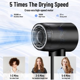 Hair Dryer - 110000 RPM High-Speed Brushless Motor Negative Ionic Blow Dryer for Fast Drying,Low Noise Thermo-Control Hair Dryer with Nozzle with Tri-Colour LED Light Ring, for Home and Travel