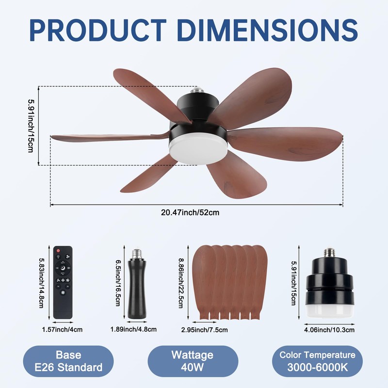 Socket Fan Light, E26 Screw in Lightbulb Fan with 1