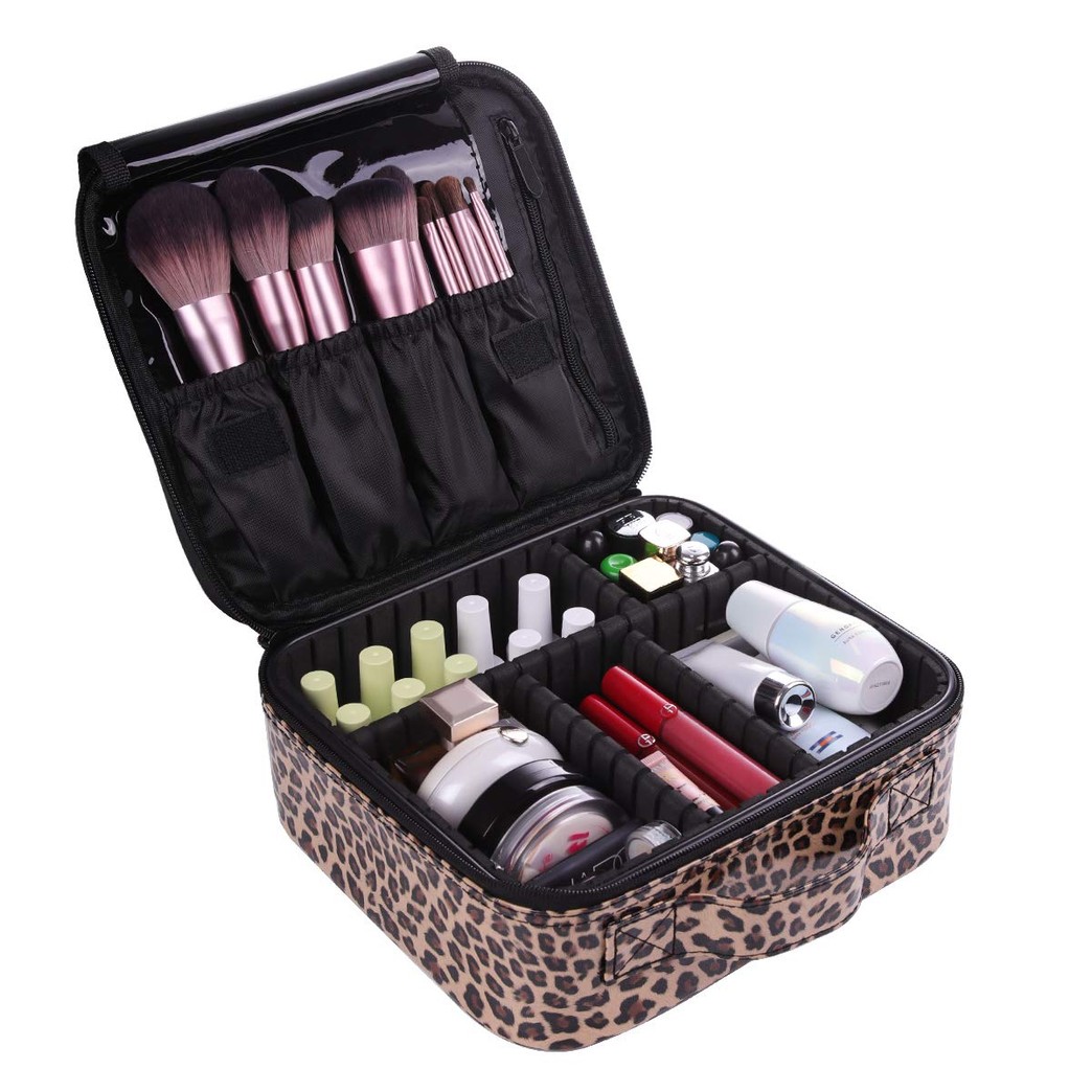 VASKER Makeup Case, Travel Makeup Bags Cosmetic Bag Organizer Train Case Leopard Professional Waterproof Portable Makeup Box Artist Storage Bag Brush Holder with Adjustable Divider for Women
