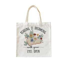Zeghk Canvas Book Tote Bagfor Women, Book Lovers Gifts, Book Accessories, Reading is Dreaming with Eyes Open Book, Reusable Grocery Bags, Librarian Gifts, Bookish Gifts, Gifts for Readers