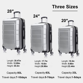 NIUTA 3 Piece Luggage Sets TSA Lock and 20"/24"/28"-Silver