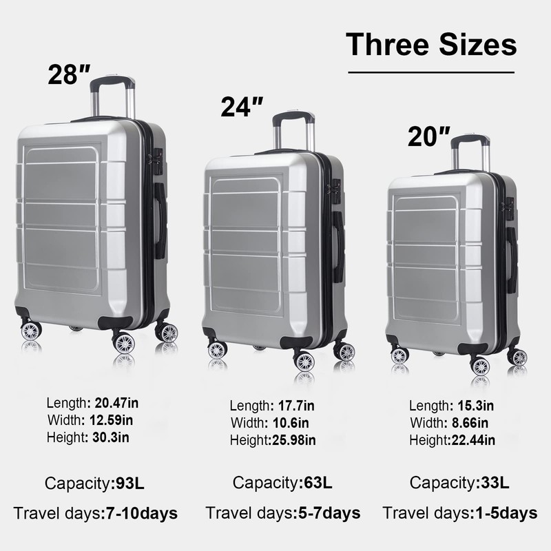 NIUTA 3 Piece Luggage Sets TSA Lock and 20"/24"/28"-Silver