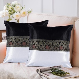 GULAAL ART Black & White Indian Brocade Soft Silky Satin Cushion Covers. Square Throw Decorative Pillowcases for Couch Sofa Home Decor Ethnic Pillow Covers 18X18