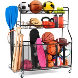 HOME IT Garage Sports Equipment Organizer - Garage Ball Storage Rack Organizer Holder with Baskets, Rolling Wheels & Breaks - Large Capacity Heavy Duty Steel Ball Storage Cart