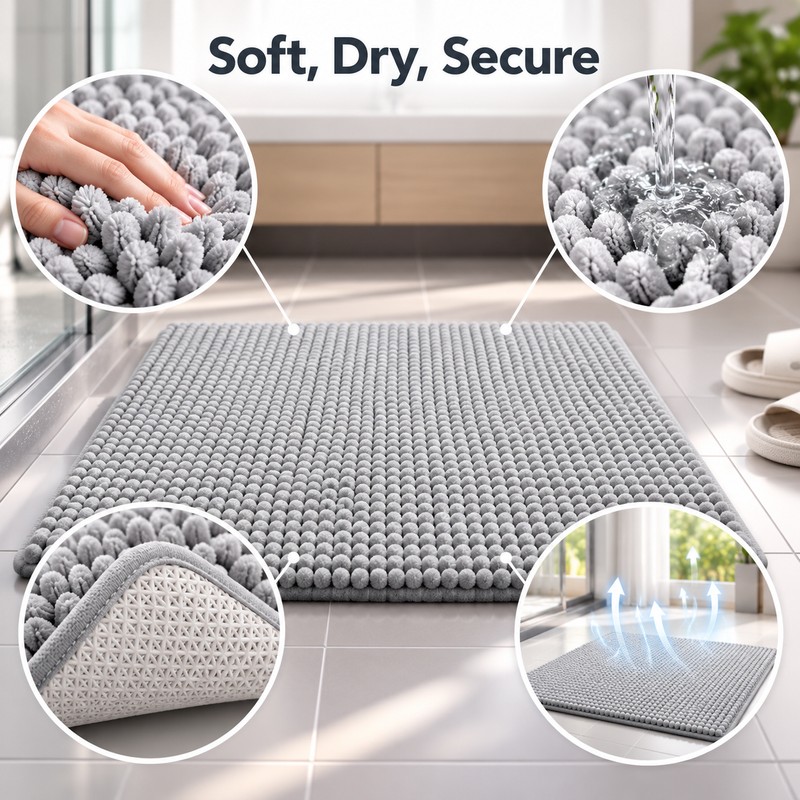 Grey Chenille Bath Mat Water Absorbent Non-Slip Rug – Soft