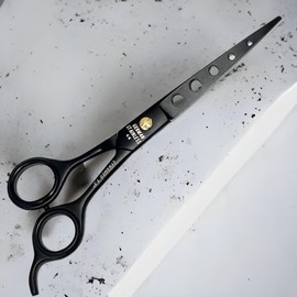 Premium Barber Scissors 6.5" 7.5" 8" Full Black Adjustable Screw Knob Screw-On Finger Rest Curved Finger Rest - German Steel Hair Salon and Barber Scissors (Black-Gold Accent, 7.5")
