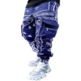 Men's Paisley Pants Cargo Jogger Hip Hop Workout Punk Pants Bandana Techwear Streetwear Sweatpants(Navy XX-Large)
