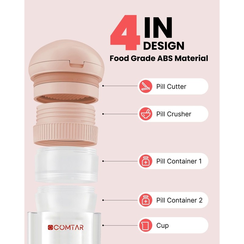 COMTAR 4-in-1 Pill Cutter with Crusher, Storage & Cups -