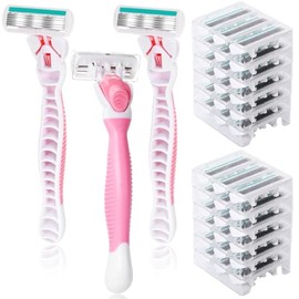 Lasnten Juego de 39 maquinillas de afeitar desechables para mujer, 6 cuchillas, para piel sensible, incluye 3 asas antideslizantes y 36 recambios (ros