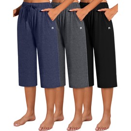 Neer 3 Pack Women's Capri Pants, Cotton Wide Leg Basic Sweatpants Lounge Loose Fit Casual Drawstring Yoga Capris with Pockets(Black, Dark Blue, Dark Mixed Gray,Large)