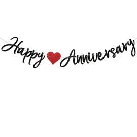 Pre-strung Happy Anniversary Banner - Wedding Anniversary Party Decorations Decorations, 10th 20th 30th 40th 50th Years Party Decorations Black Glitter