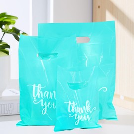 200PCS Thank You Bags with Handle, Turquoise Merchandise Bags for Small Business Clothes Boutique Gift, 3 Sizes Plastic Retail Grocery Shopping Bags, Reusable Goodie Bag Bulk for Store Party Purchase