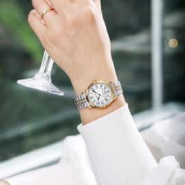 Szaikyri Classic Watch for Women with Easy Read Time Arabic Numerals Ladies Watch with Calendar Water Resistant (Silver-Gold Black)