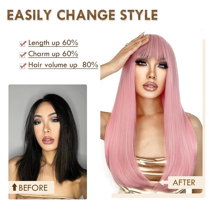 QAUARUMSUN 26 Inch Pink Wig With Bangs Long Wavy Wigs