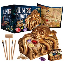 XXTOYS Jumbo Pirate Dig Kit - Dig up 12 Pirate Treasures, Gemstones, Gold Coins - Pirate Toys for Kids - Great Birthday Party Supplies, Gifts Idea for Boys & Girls - Includes Treasure Chest