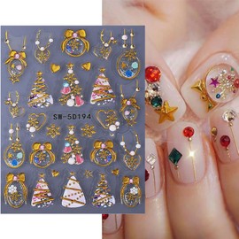 2 Sheets Christmas Nail Stickers for Nail Art Gold Snowflake Ball Nail Art Stickers Embossed Snow Christmas Tree Nail Decals 5D Self-Adhesive New Year Red Bow Xmas Wreath Nail Design Decals for Women