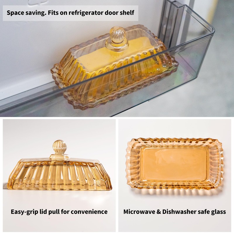 Champagne Color Glass Butter Dish with Lid, Covered Butter Stick