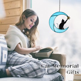 Zedesey Stained Glass Cat on Moon Pick Star Window Hanging Suncatchers Cat Memorial Gift Cat Decor Cat Lover Gifts for Women (Black Cat on Blue Moon)