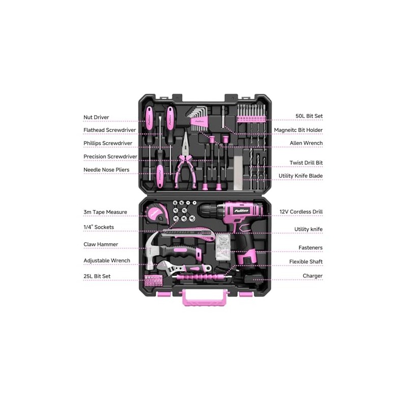 PULITUO Drill Set, 149-Piece Home Tool Set with 12V Pink