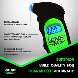 Rhino USA Digital Tire Pressure Gauge 150 PSI, 4 Ranges, Ergonomic Design w/Lighted Nozzle & LCD Backlit Display - Certified Accurate Readings, Best Digital Gage (Green)