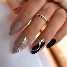 Short Almond Press on Nails with Solid Gel, Elegant Style Matte Pure Color & French Tip 2-in-1 False Nails 24pcs (Grey Black)
