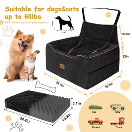 Dog Car Seat for Medium/Large Dogs, Washable Dog Booster Seat Under 60 lbs or 2 Small Dogs, Multi-Functional Pet Car Seat with Thick Cushion, 2 Safety Leashes (Black)
