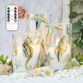 REVELBUNNY Ocean Theme LED Candles, Battery Operated Flameless Candles Flickering with Remote Control and Timer, Real Wax Pillar Glass Candles for Home Party Wedding Valentine's Day Decor, Set of 3