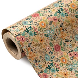 WRAPAHOLIC Kraft Floral Wrapping Paper Roll - Mini Roll - 17 Inch x 9.8 Feet - Spring Summer Garden Flower Design Perfect for Wedding, Bridal Shower, Birthday
