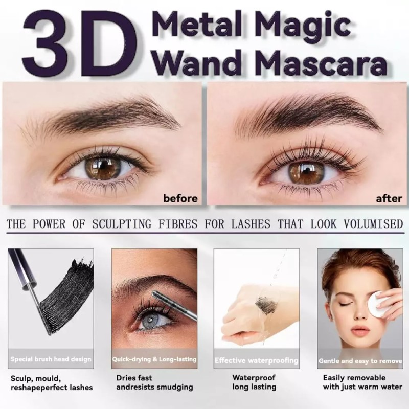 3D 컬링 언 완드 마스카라 메탈 블랙 워셔블 텔레스코픽 튜빙