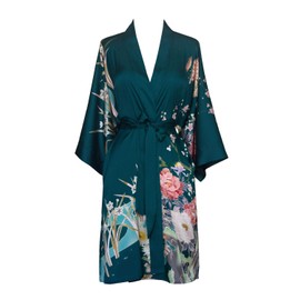 OLDSHANGHAI Women's Charmeuse Kimono Robe Short - Watercolor Floral - Spring Floral- Vintage Teal (blue)